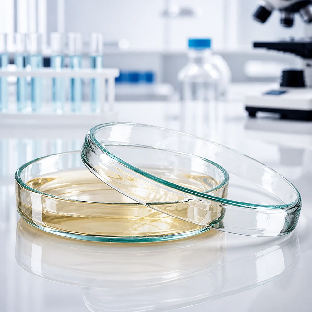 Boîte de Pétri plate en verre, 80 mm de diamètre et 15 mm de hauteur, destinée aux cultures cellulaires microbiologiques