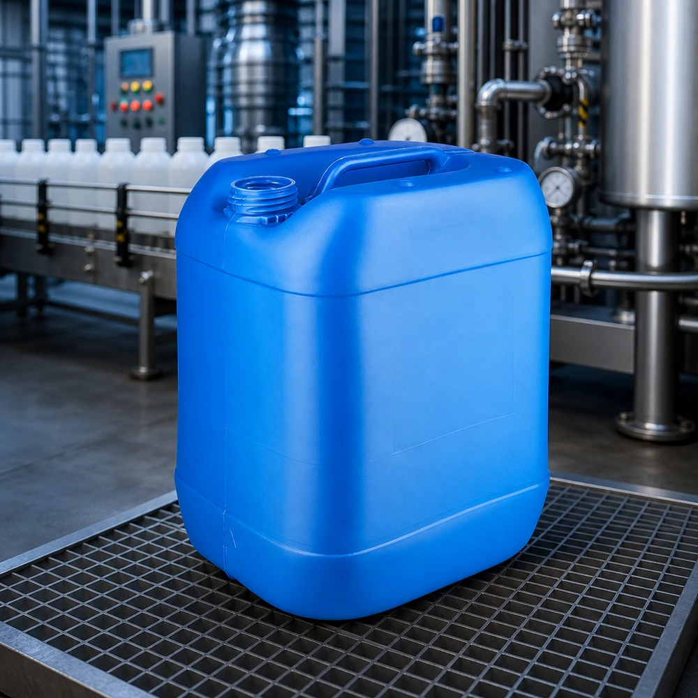 Bidon industriel bleu de 20 litres, avec goulot de remplissage étroit et poignée de transport ergonomique, vide