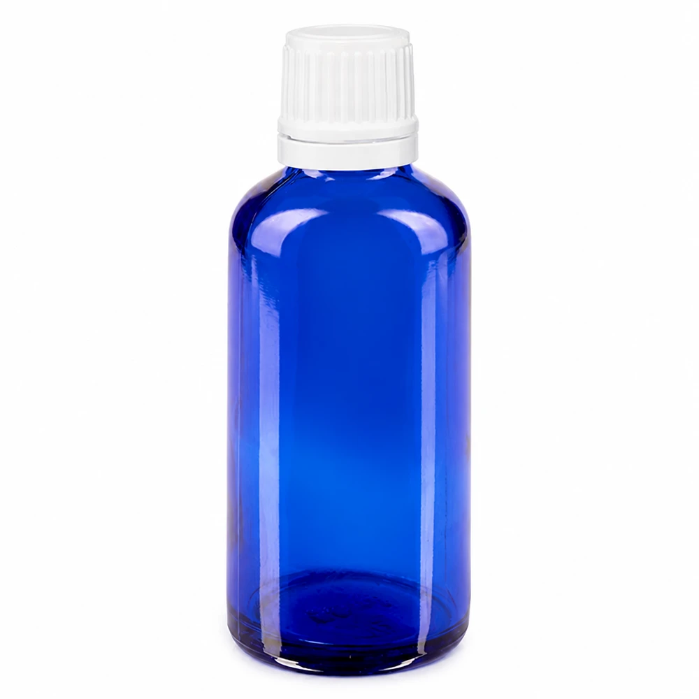 Flacon à pharmacie bleu 50ml bouchon vissable blanc bouchon inviolabilité Flacon en verre bleu de 50 ml avec bouchon compte-gouttes blanc de 11 mm, destiné aux pharmacies