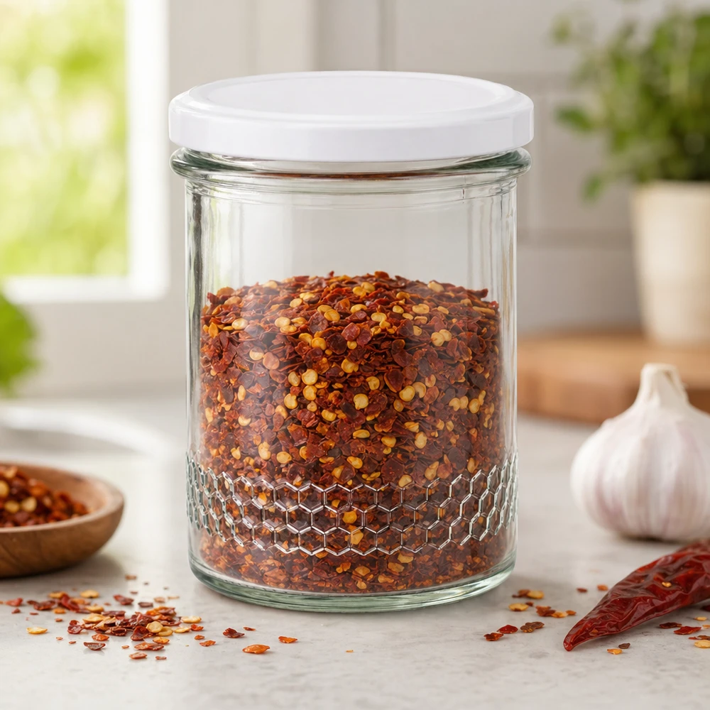 Pot à miel de 400 ml avec couvercle blanc comme pot à épices pour flocons de piment Conservation en cuisine Motif en nid d'abeille au fond du pot