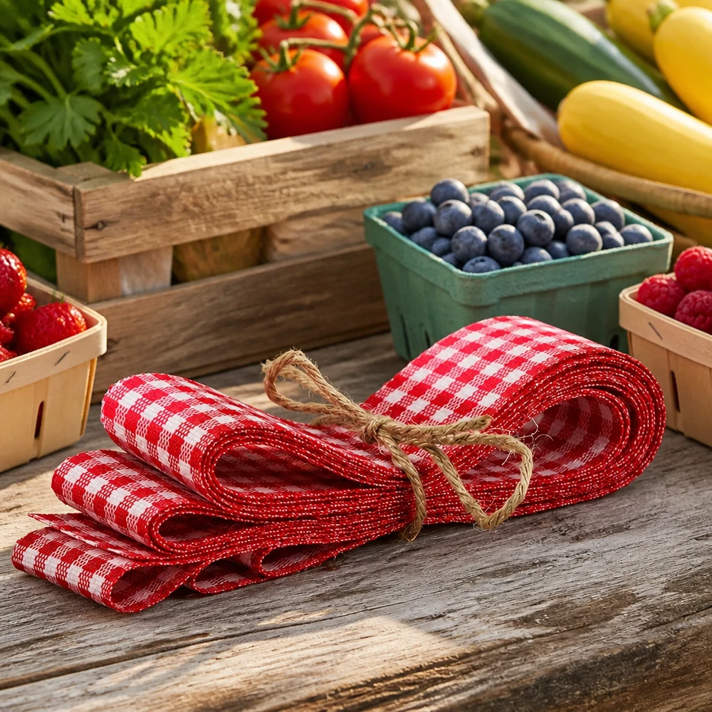 Ruban en tissu rouge et blanc pour la décoration, 300 cm Bande de tissu à carreaux rouge et blanc 300cm bottelée sur table en bois avec baies fraîches tomates et légumes de style campagnard