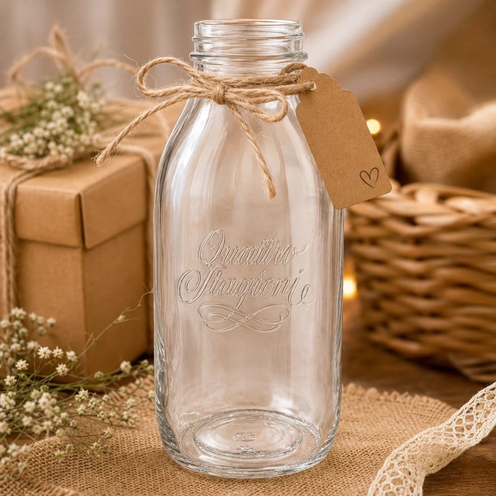 Quattro Stagioni Bouteille en verre à col large 1000ml avec bouchon en liège et décoration rustique sur table en bois