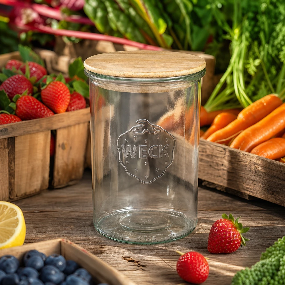 1000ml bocal conique WECK RR100 avec couvercle en bois WECK Pot de 1000ml RR100 avec couvercle en chêne entre des fruits et légumes frais sur une table en bois Ambiance cuisine