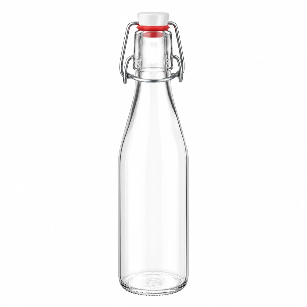 Bouteille en verre de 250 ml + bouchon mécanique PVC UNiTWIST Bouteille en verre de 250ml avec fermeture à étrier et bouchon blanc, verre transparent, système UNiTWIST en PVC pour boissons