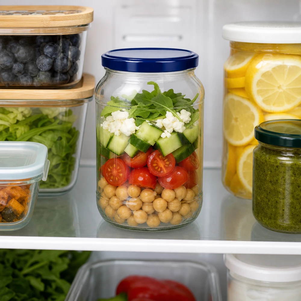 1062ml Verre rond avec couvercle BasicSeal bleu UNiTWIST 1062ml Bocal rond UNiTWIST couvercle bleu Salade à couches Pois chiches Tomates Concombres Feta Réfrigérateur Bocal Meal Prep