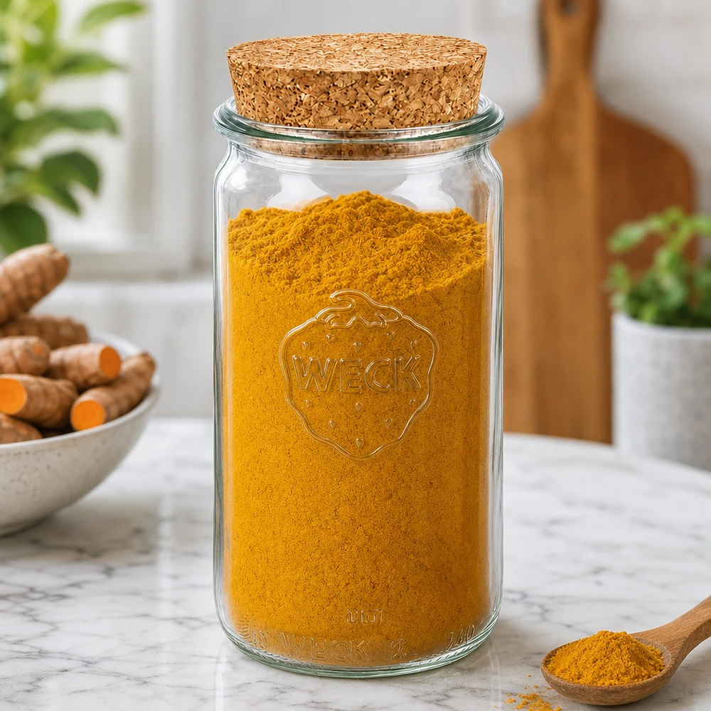 340ml bocal cylindrique WECK RR60 avec bouchon nature WECK Bocal de conservation 340ml RR60 rempli de curcuma montre bouchon hermétique en liège pour les épices et les poudres