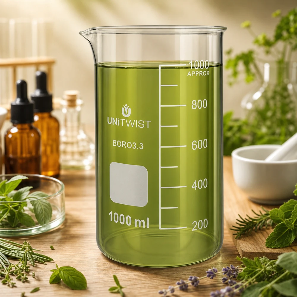 Bécher 1000ml borosilicate, forme haute UNITWIST Bécher en verre borosilicaté UNITWIST de 1 000 ml contenant un extrait végétal dans un environnement scientifique