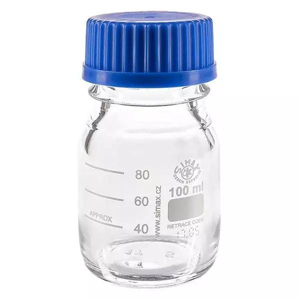 Bouteille à vis de laboratoire 100 ml + bouchon bleu + bague