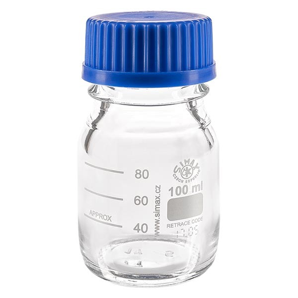 Bouteille à vis de laboratoire 100 ml + bouchon bleu + bague Bouteille à vis de laboratoire 100 ml + bouchon bleu + bague