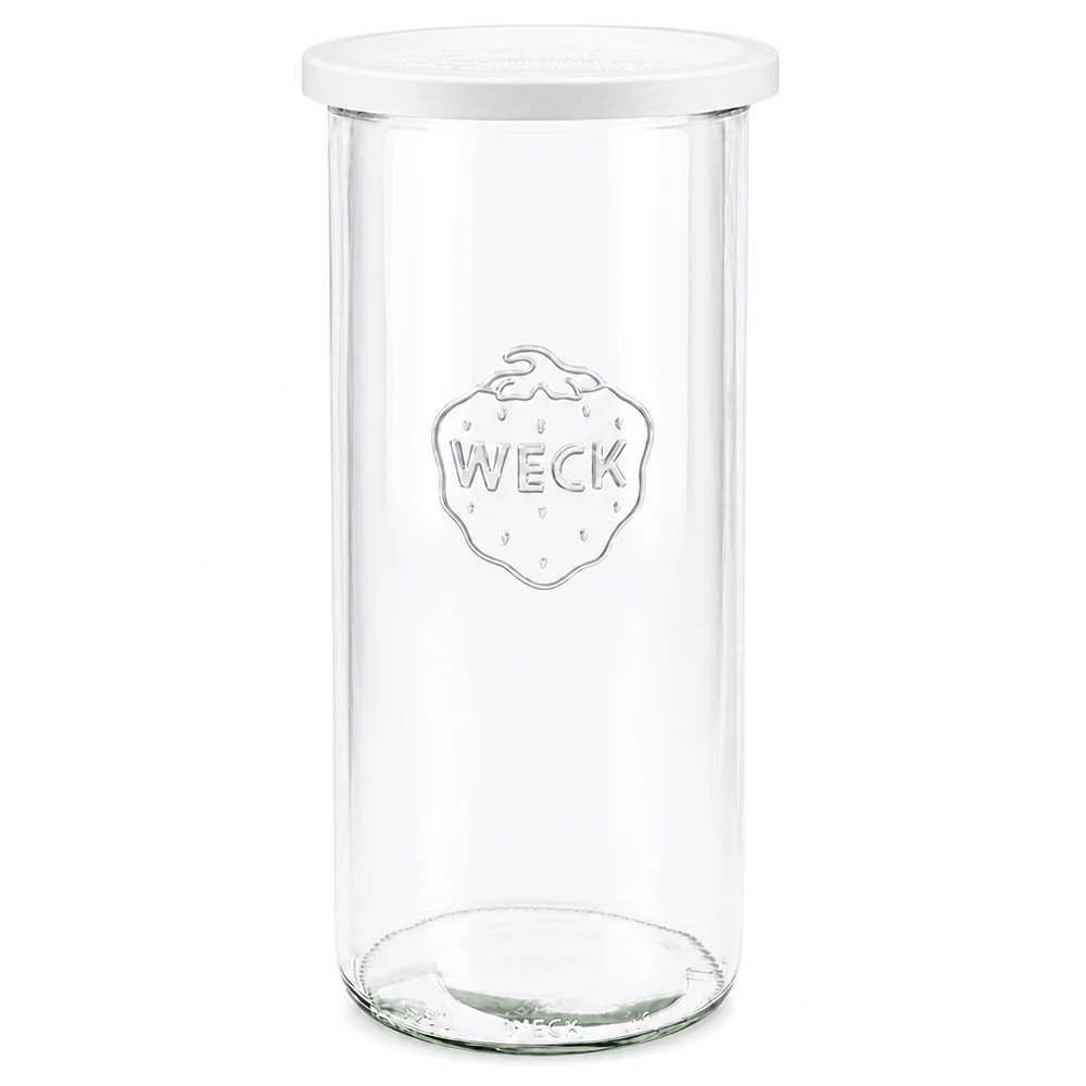 WECK Pot de conserve 1500ml RR100 transparent avec couvercle blanc photographié de face montre le logo de la marque gravé