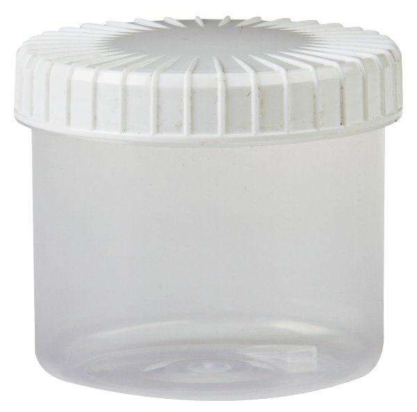 Pot en plastique transparent 135 ml + couvercle à vis blanc strié en PE, fermeture standard