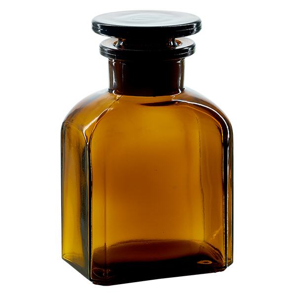 Flacon carré col large 150 ml + bouchon RIN, verre ambré Flacon carré col large 150 ml + bouchon RIN, verre ambré