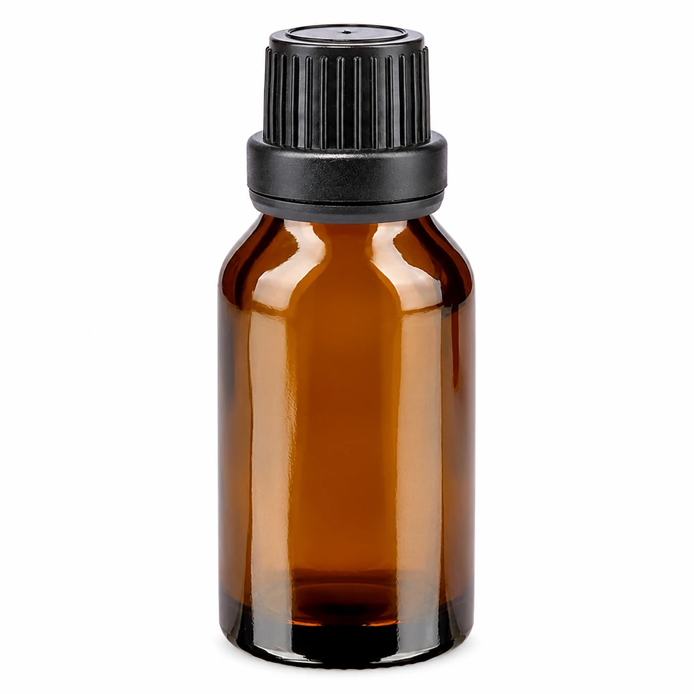 Flacon de pharmacie brun 15ml bouchon vissable noir bouchon inviolabilité Flacon de 15 ml à bouchon à vis, de couleur marron, muni d'un bouchon OV à sécurité enfant, destiné au secteur pharmaceutique