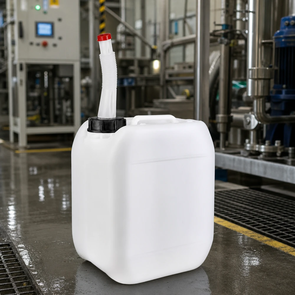 Bidon 5 litres avec tuyau d'écoulement Flex Bidon rectangulaire blanc de 5 litres, muni d'un bouchon rouge et d'un bec verseur flexible