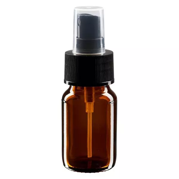 Flacon médical norme européenne de 30 ml avec spray noir GCMI 28/410 et couvercle transparent, standard Flacon médical norme européenne de 30 ml avec spray noir GCMI 28/410 et couvercle transparent, standard