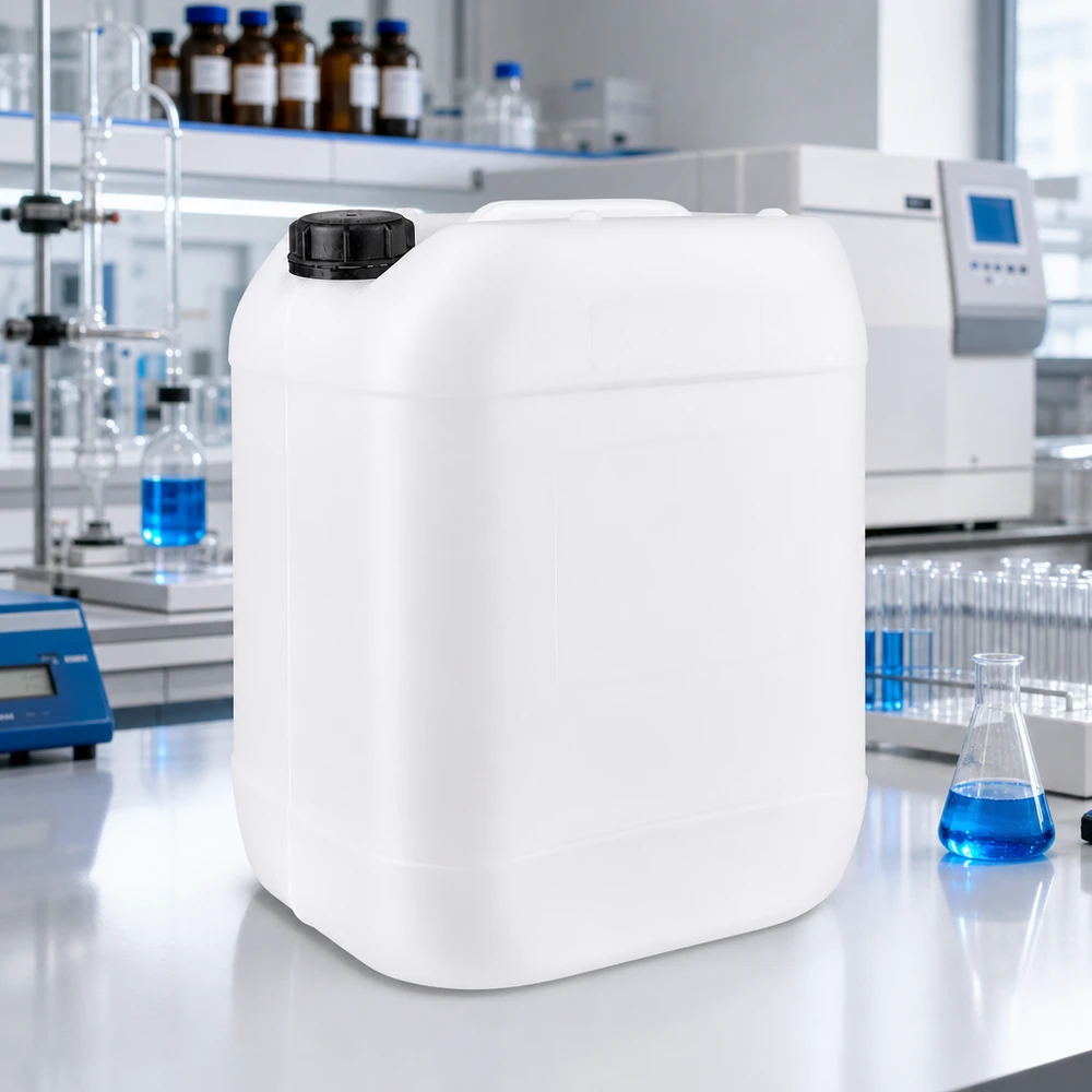 Bidon blanc de 20 litres adapté à un usage alimentaire, muni d'un bouchon à vis à l'épreuve des enfants