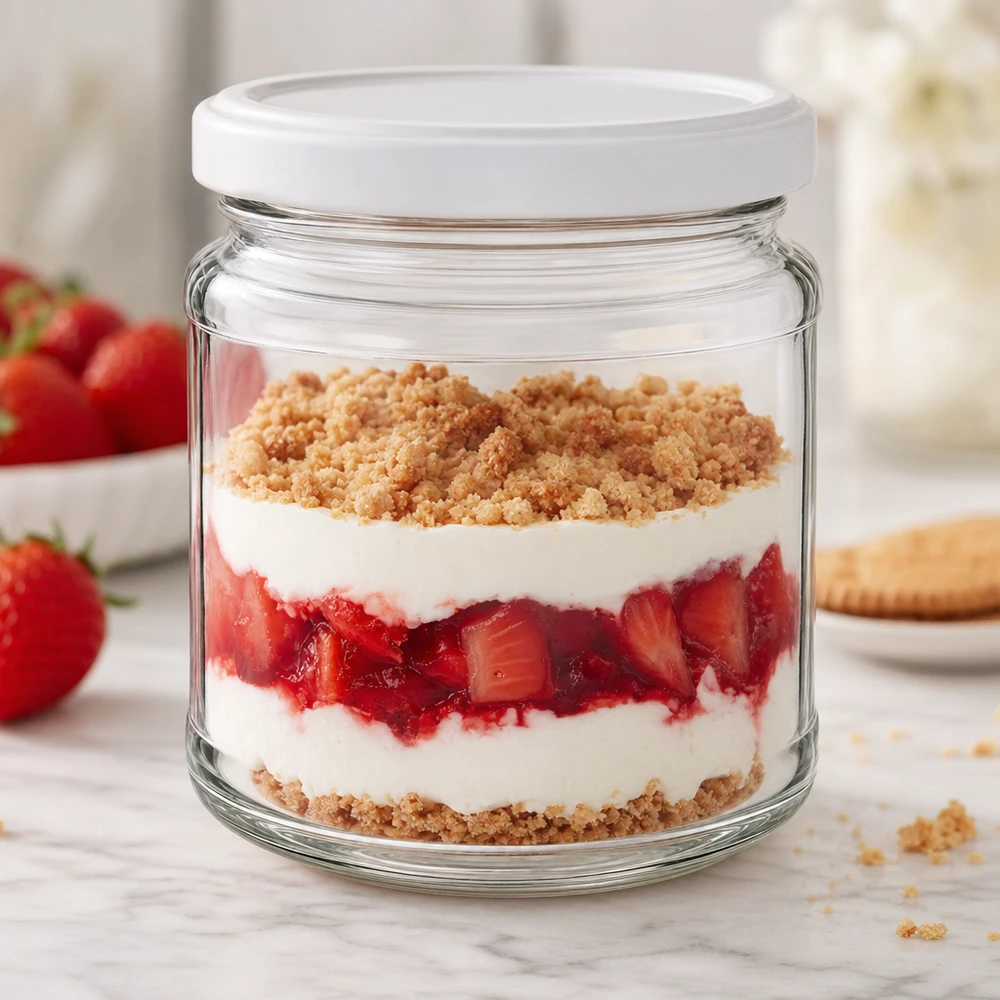 Verre rond de 212 ml avec couvercle BasicSeal comme verre à dessert pour trifle aux fraises avec crème et vermicelles - polyvalent