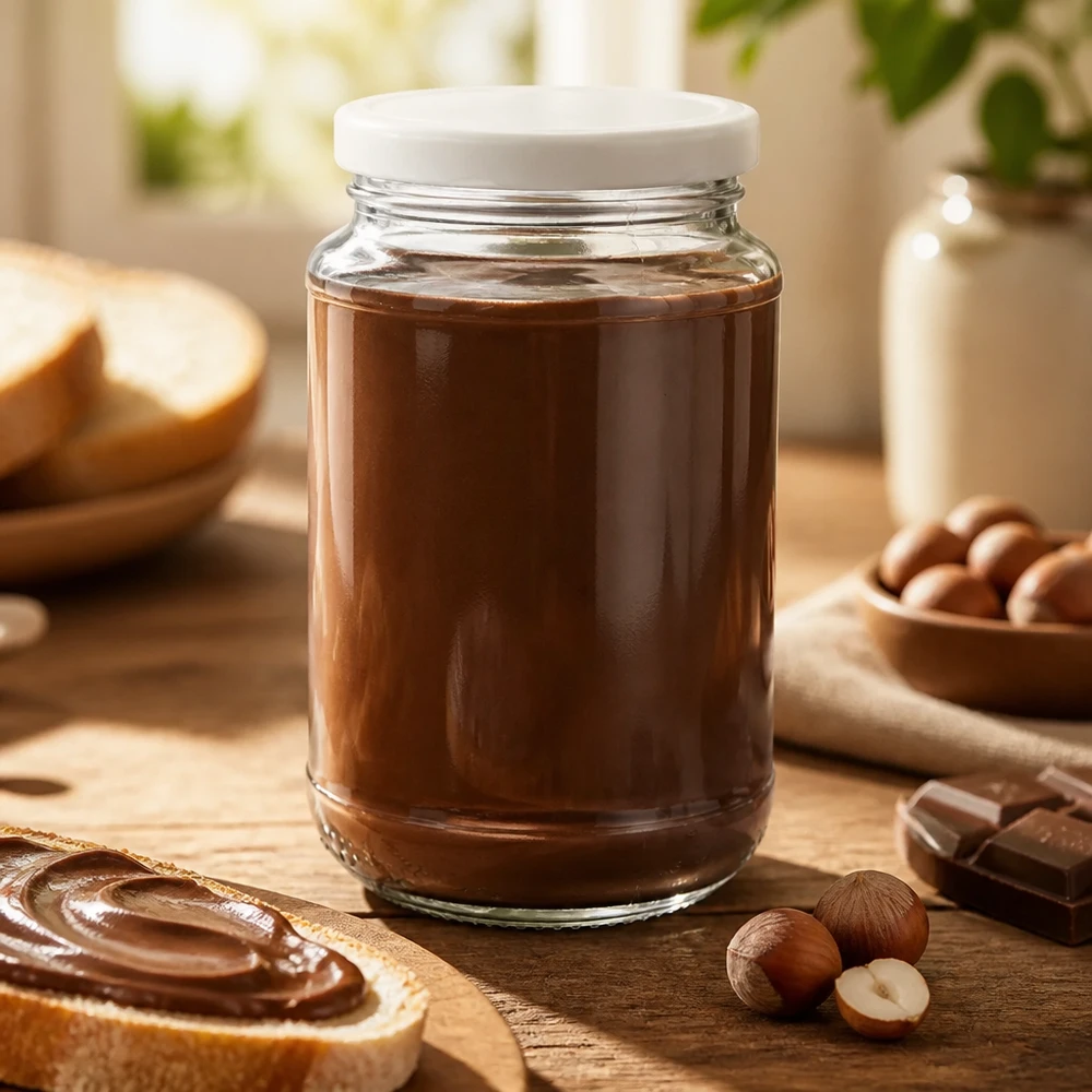 Bocal rond en verre de 320 ml + couvercle BasicSeal blanc UNiTWIST Bocal rond UNiTWIST de 320 ml avec couvercle BasicSeal, destiné à conserver de la crème au chocolat maison