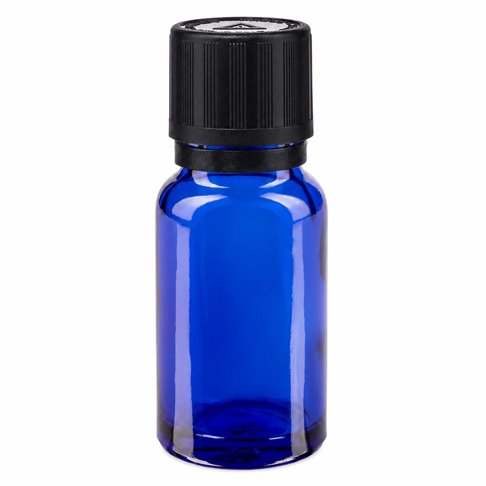 Flacon en verre bleu cobalt de 10 ml avec bouchon aveugle OV KiSi noir et ouverture de 1 mm pour compte-gouttes