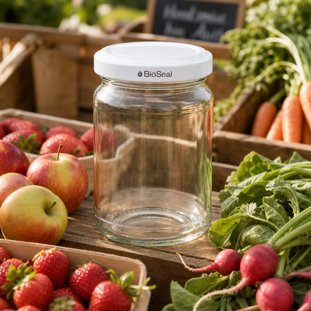 205ml Verre rond avec couvercle BioSeal blanc UNiTWIST UNiTWIST Runda205 Pot de conservation avec couvercle blanc TO58 BioSeal entre les fruits et légumes frais sur l'étal du marché