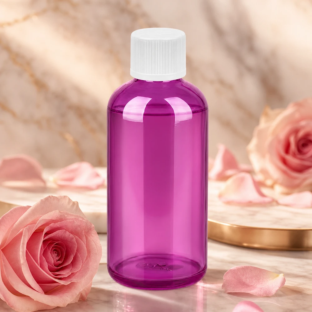 Bouteille 100ml 11mm bouchon à vis blanc standard à l'épreuve des enfants PurpleLine. UT18/100 Bouteille transparente violette de 100 ml avec filetage UT18, idéale pour les cosmétiques et les sérums de bricolage.