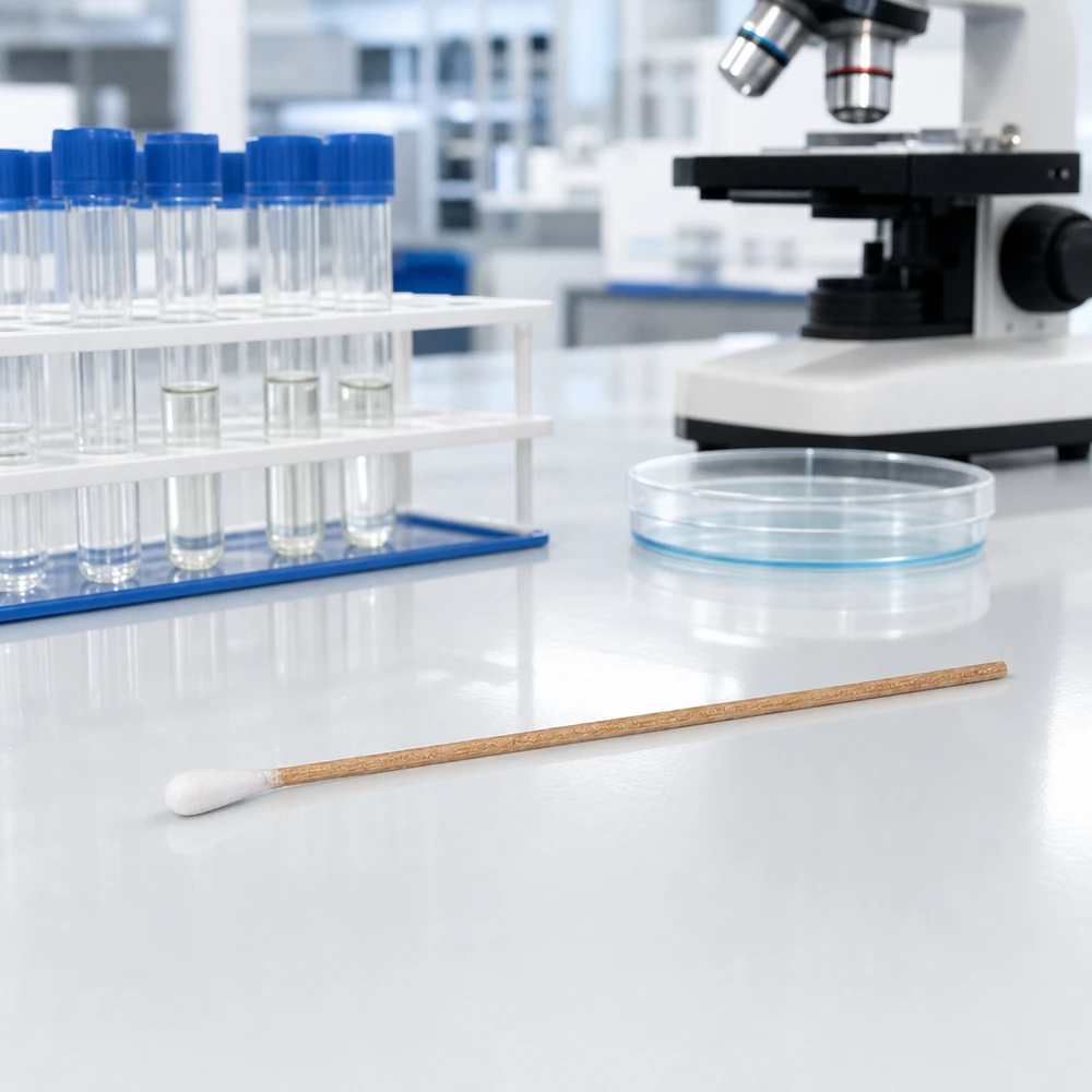 Écouvillon NON STÉRILE Cotons-tiges non stériles destinés à des applications de laboratoire, posés sur une surface de laboratoire blanche à côté d'une boîte de Pétri