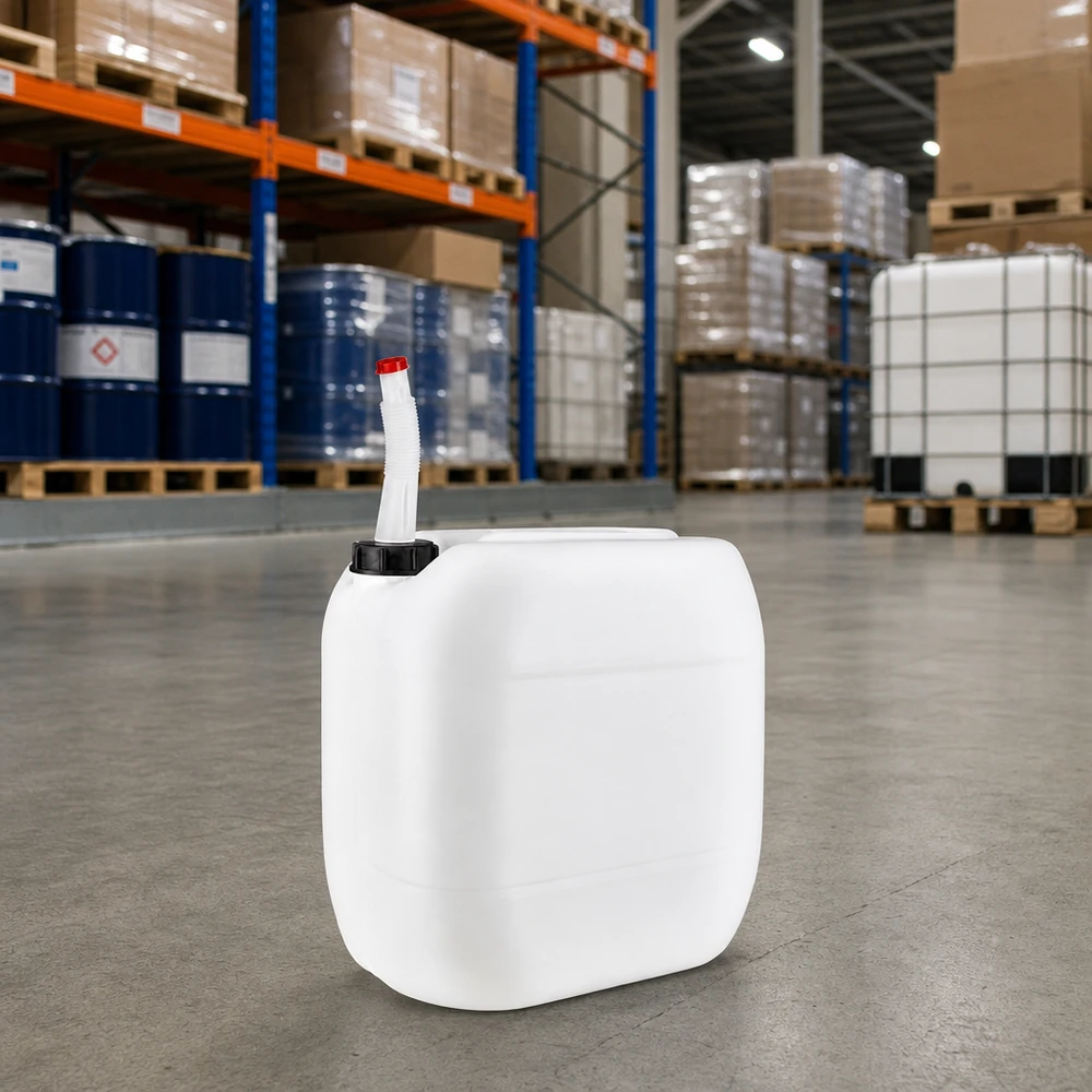 Bidon 30 litres avec tuyau d'écoulement Flex Bidon carré robuste de 30 litres, muni d'un tube de remplissage flexible et d'un bouchon rouge sur le côté