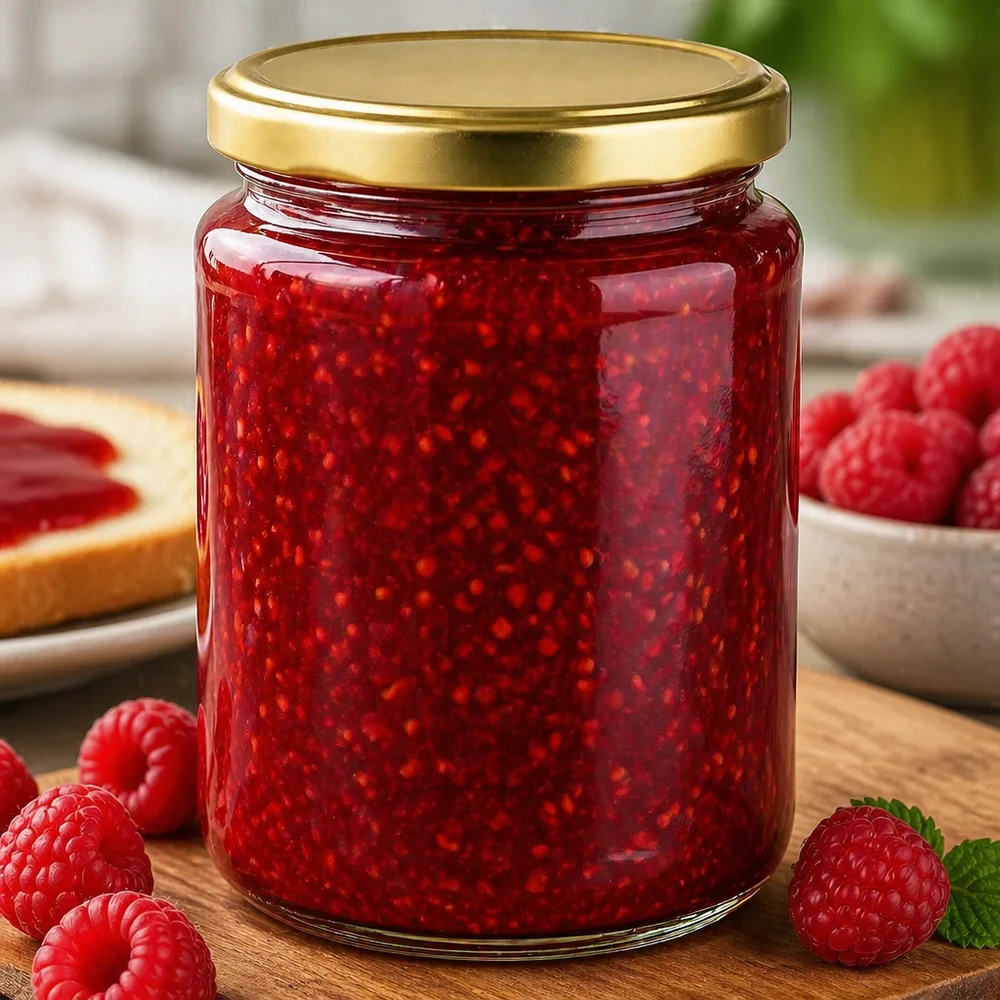 Pot à miel 450 g avec couvercle doré BasicSeal UNiTWIST Pot de miel BasicSeal de 450g avec couvercle doré rempli de confiture de framboises entourée de framboises fraîches
