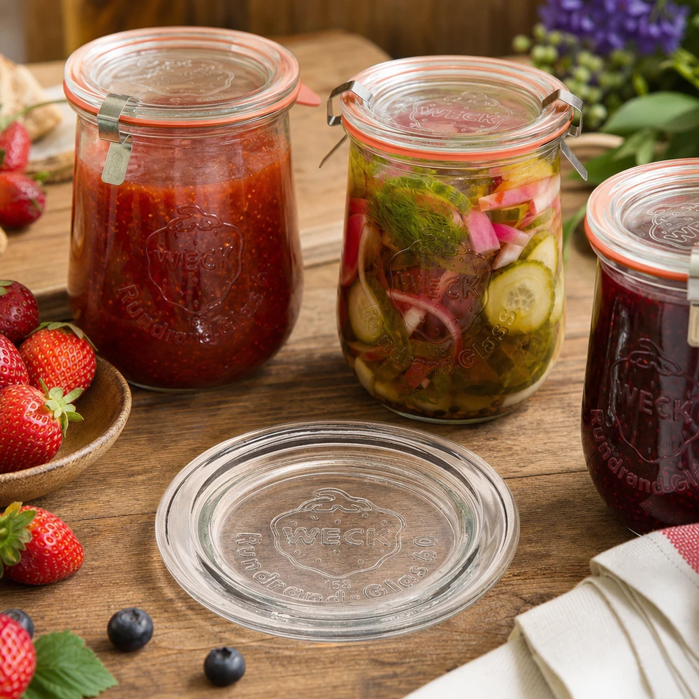 Couvercle de verre RR60 WECK WECK Couvercle en verre RR60 en application avec des bocaux remplis de confiture et de légumes marinés sur une table en bois