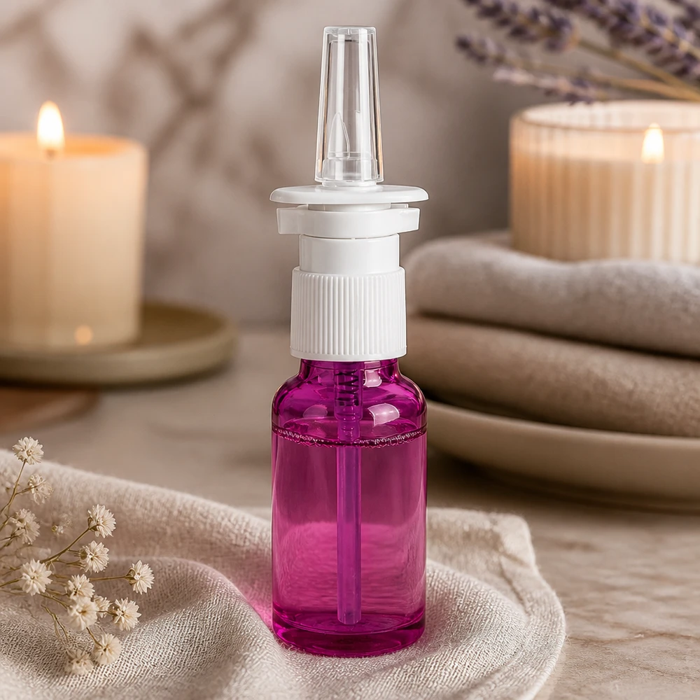 Vaporisateur nasal 20ml blanc/transparent standard PurpleLine. UT18/20 Bouteille de spray nasal de 20 ml en violet avec tube plongeur transparent pour une répartition uniforme du spray