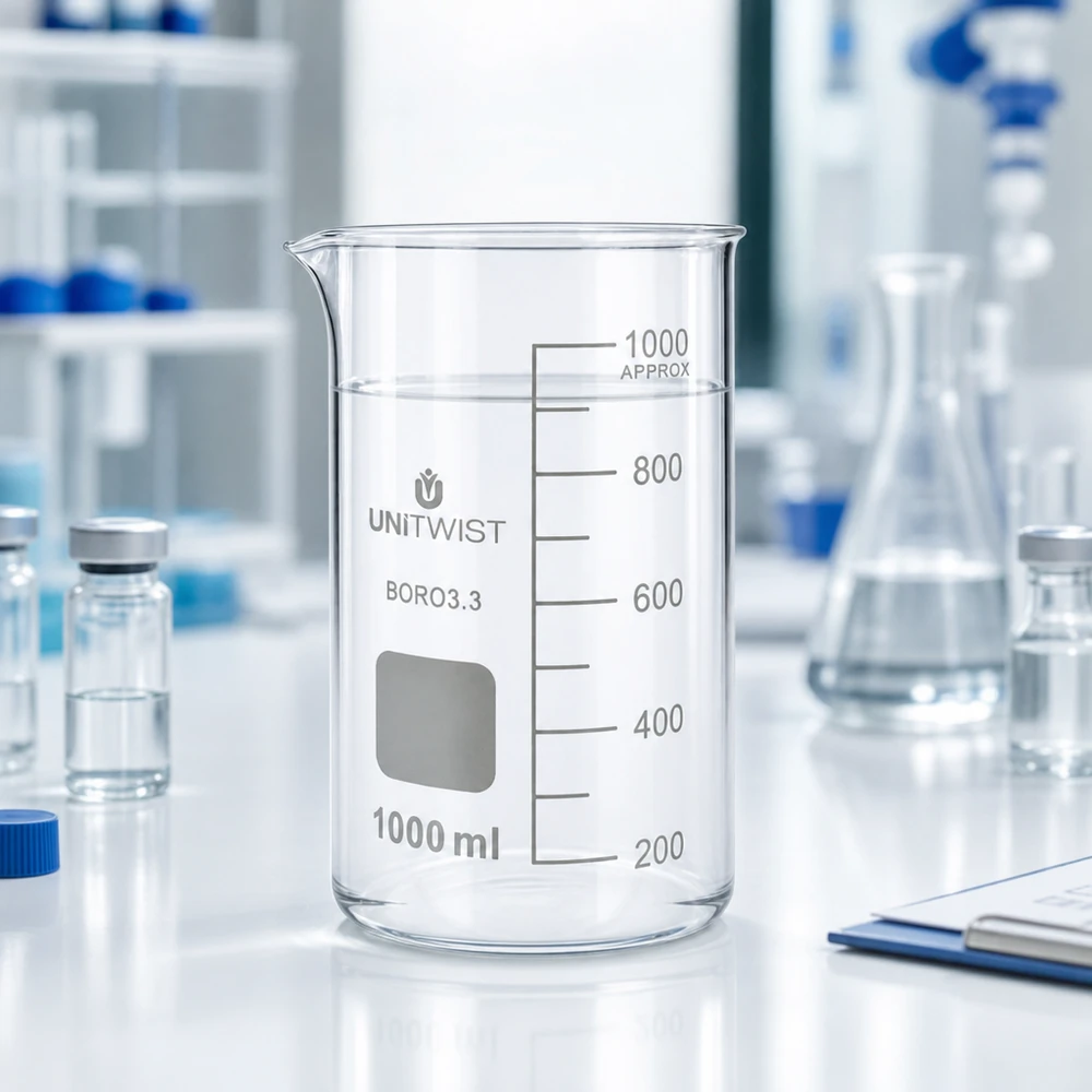 Bécher 1000ml borosilicate, forme haute UNITWIST Bécher professionnel de 1 000 ml, forme haute, en borosilicate UNITWIST, ainsi que des fioles Erlenmeyer et des ampoules