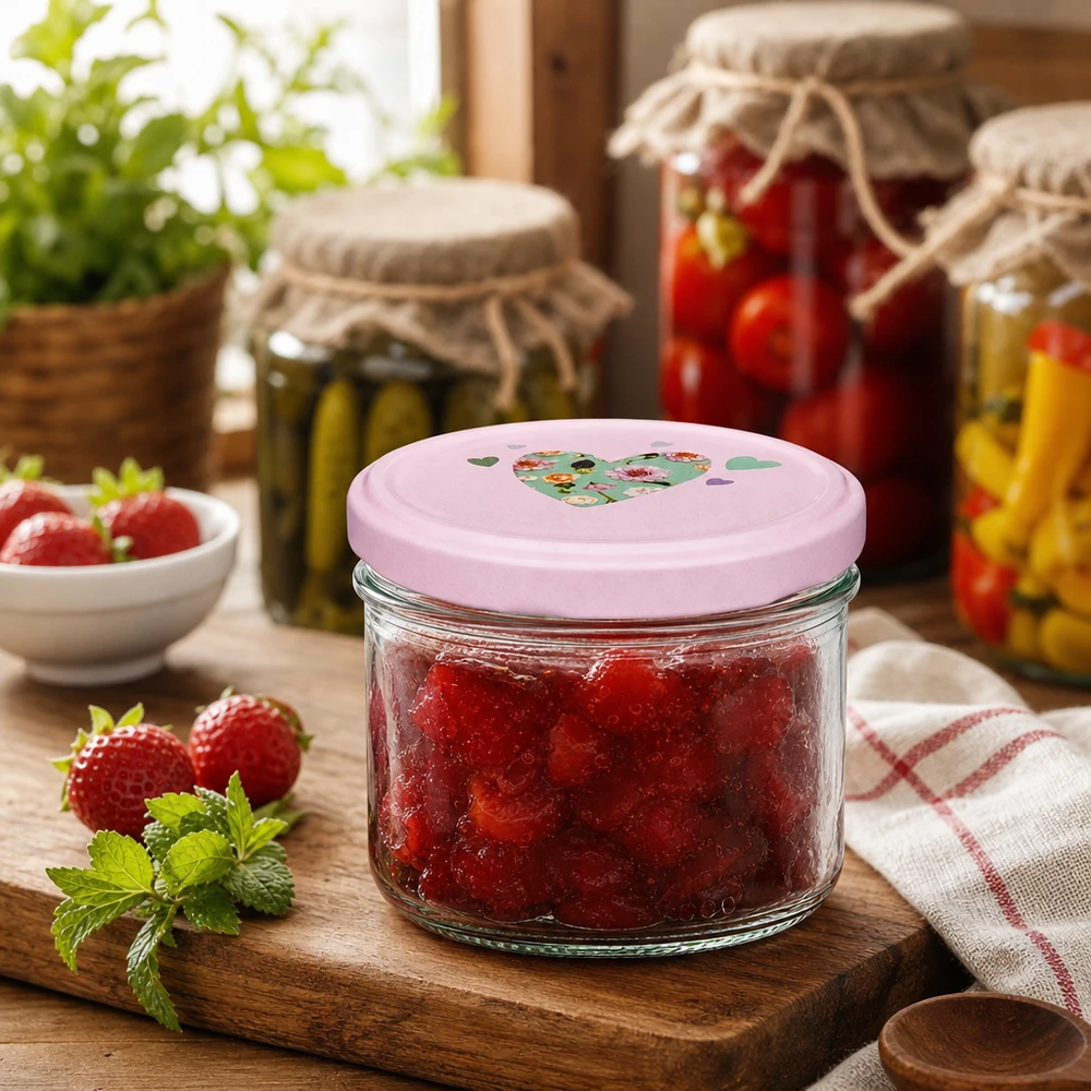 Pot cylindrique de 230 ml + couvercle BasicSeal rose cur Pot cylindrique de 230ml avec couvercle rose en forme de cœur rempli de confiture de fraises sur planche en bois dans une cuisine rustique