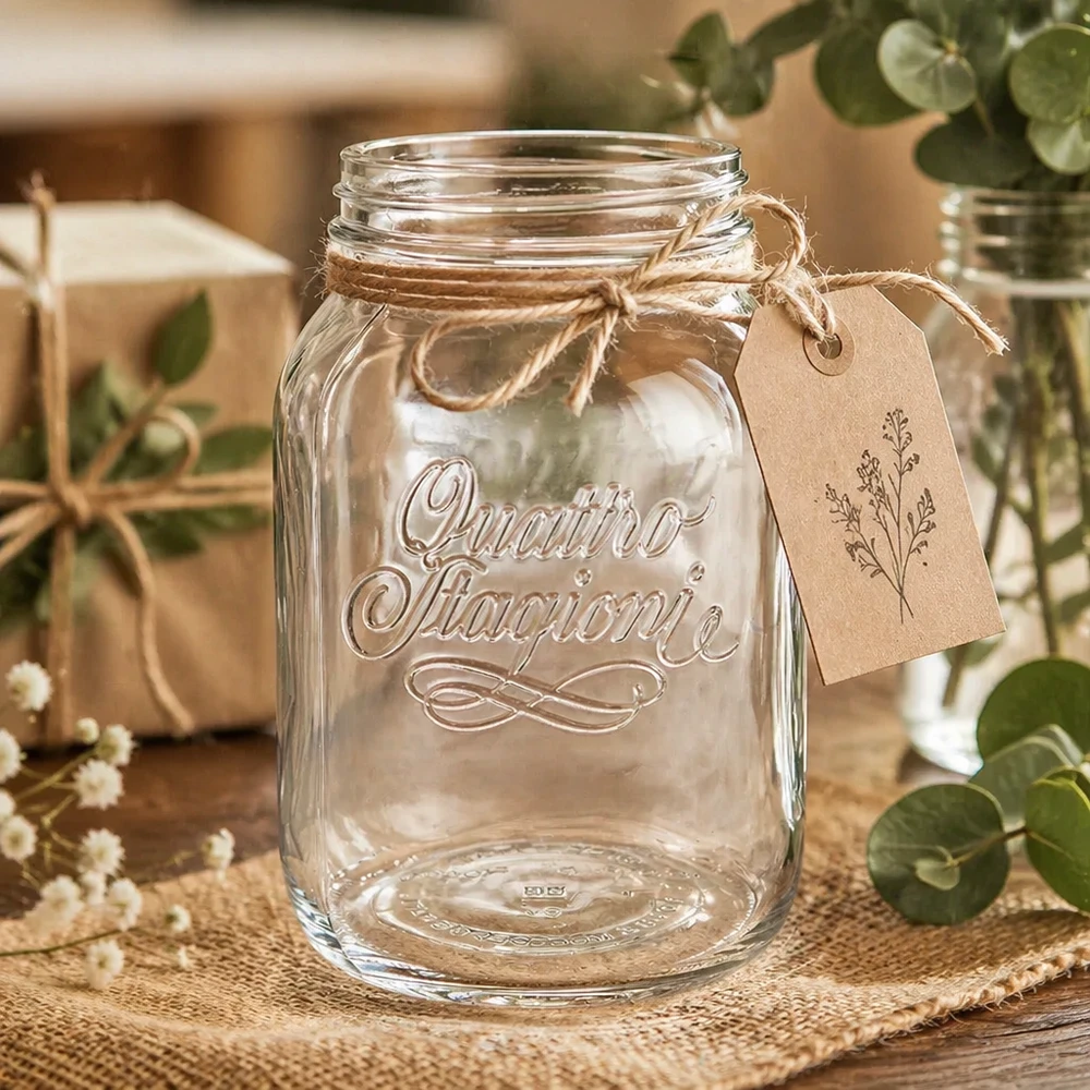 3000ml Quattro Stagioni Verre de ménage avec corde de jute et pendentif sur table rustique en bois avec décoration