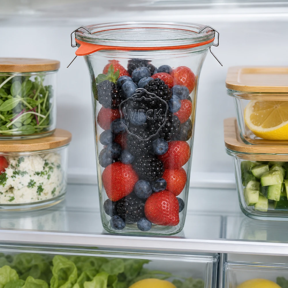 WECK Quadroglass 795ml RR100 avec baies dans le réfrigérateur pour une fraîcheur optimale et une conservation des aliments