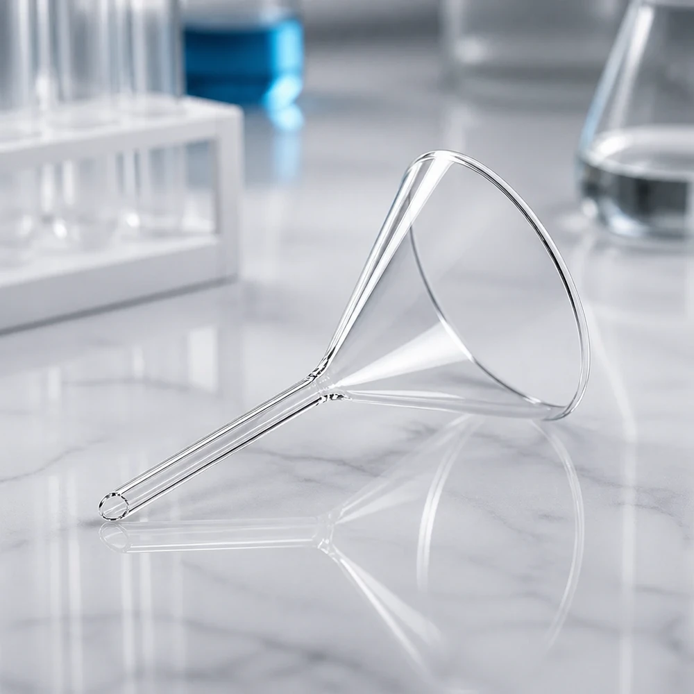 Entonnoir en verre transparent 100mm style court pour les travaux de laboratoire professionnels et les processus de filtration