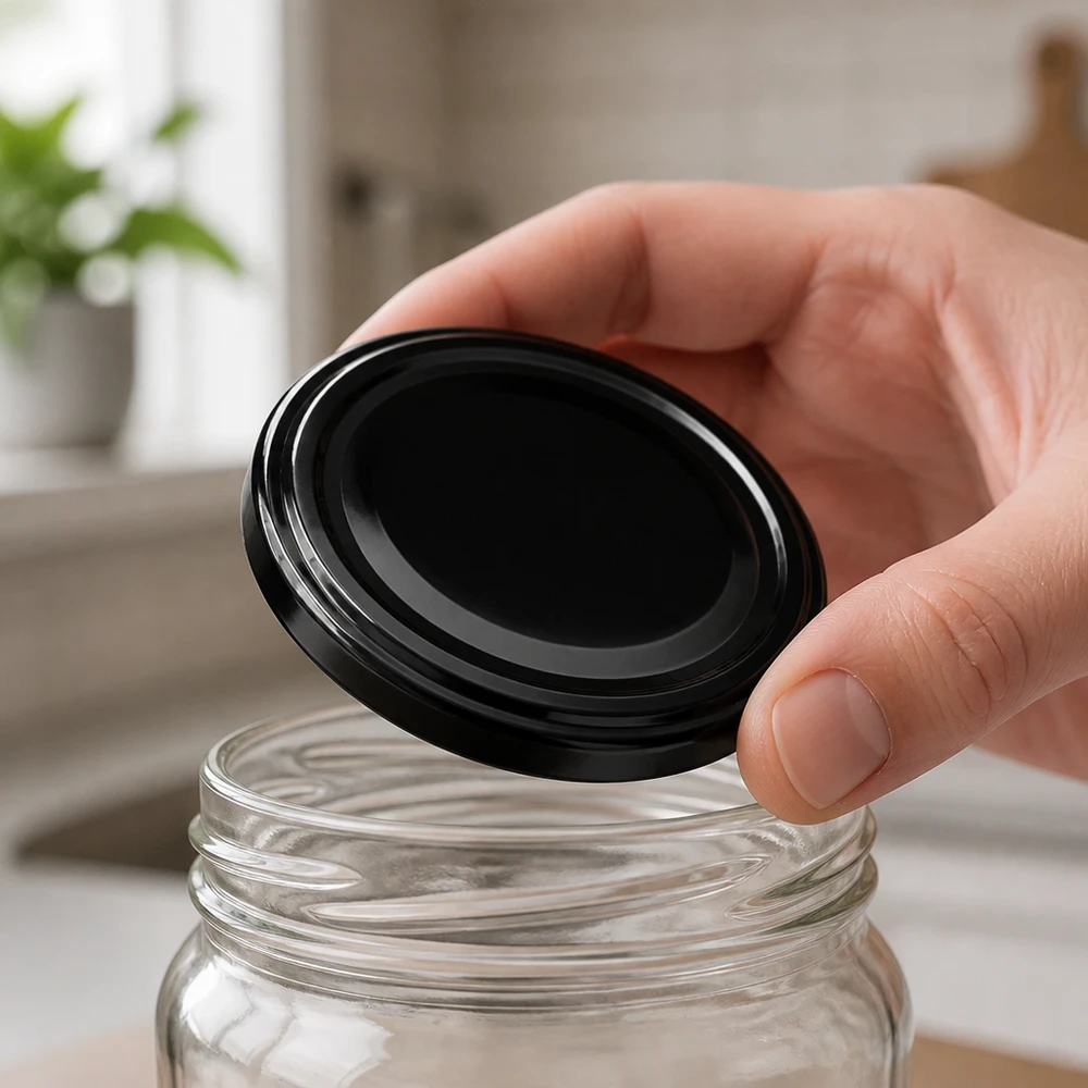 Une main pose un couvercle noir UNiTWIST TO63 BioSeal sur un bocal Weck vide dans une cuisine lumineuse
