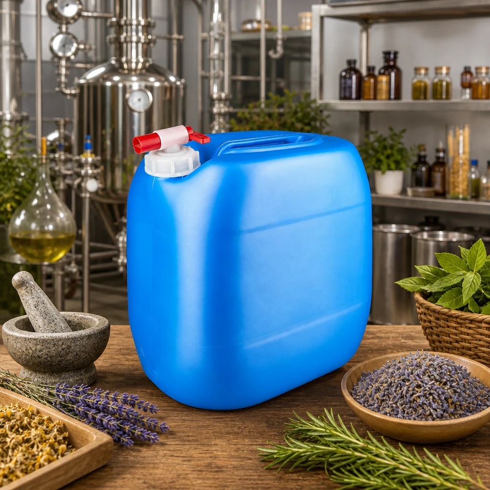 Bidon 30 litres bleu avec robinet Grand récipient pour liquides de 30 L, bleu, muni d'un robinet, à côté d'un mortier et d'un pilon, utilisé dans la fabrication de cosmétiques naturels