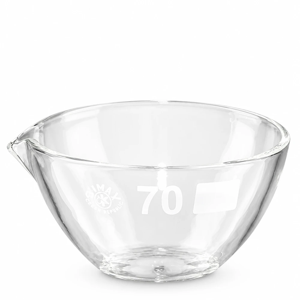 Capsule d’évaporation 60 ml en verre borosilicate, avec bec verseur Bol en verre borosilicaté rond avec bec verseur latéral pour un versement précis