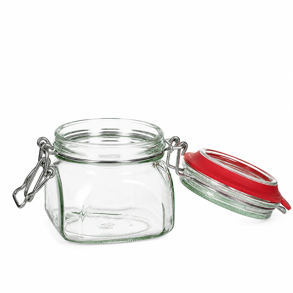 Pot à conserves carré de 370 ml avec fermeture pratique à étrier en verre transparent