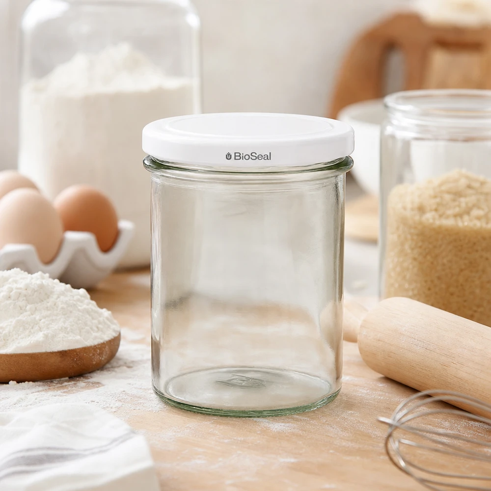350ml Verre conique avec couvercle BioSeal blanc UNiTWIST UNiTWIST Sturz350 verre vide en scène de pâtisserie avec des œufs de farine et des ustensiles de cuisine montre une utilisation polyvalente TO82 BioSeal