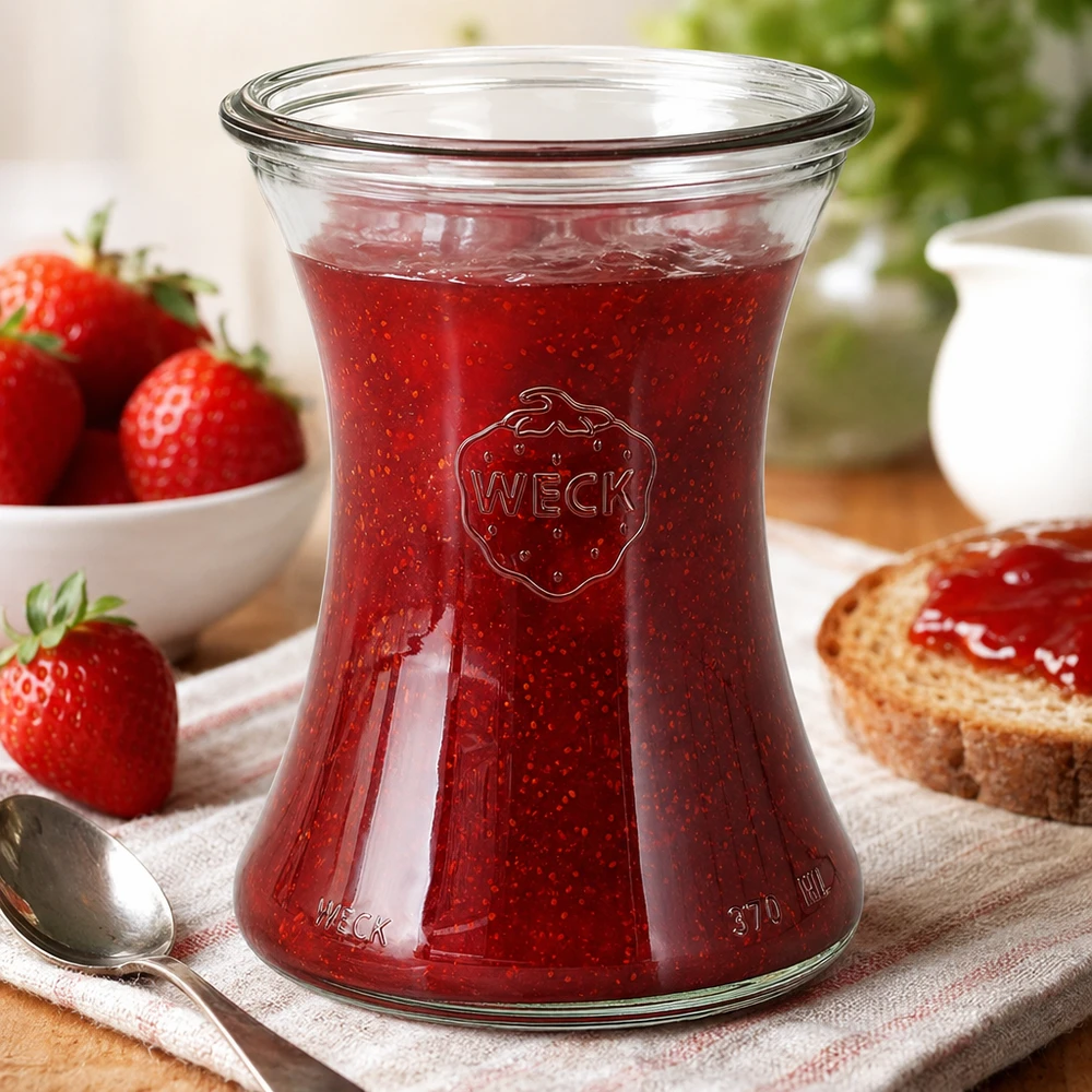 WECK Pot de délicatesse 370ml RR80 rempli de confiture de fraises rouges dans un cadre confortable pour le petit déjeuner avec des toasts