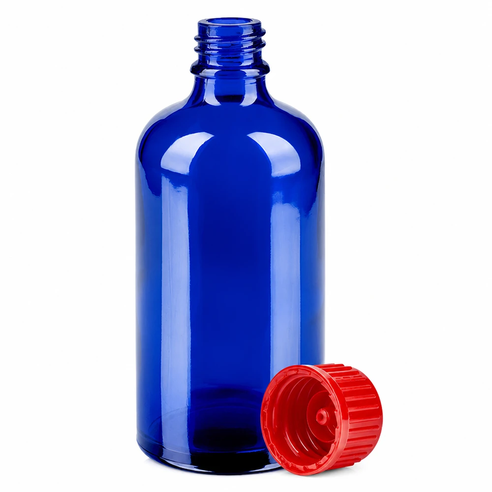 Flacon de 100ml 11mm SV rouge STD BlueLine UT18/100 Flacon compact de 100 ml bleu cobalt avec bouchon à vis rouge anti-fuite pour application goutte à goutte