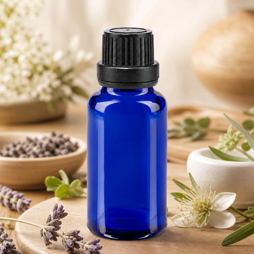 Flacon à pharmacie bleu 20ml bouchon à vis noir joint d'inviolabilité Flacon de pharmacie bleu cobalt avec protection UV, 20 ml, muni d'un bouchon OV et décoré de fleurs de lavande