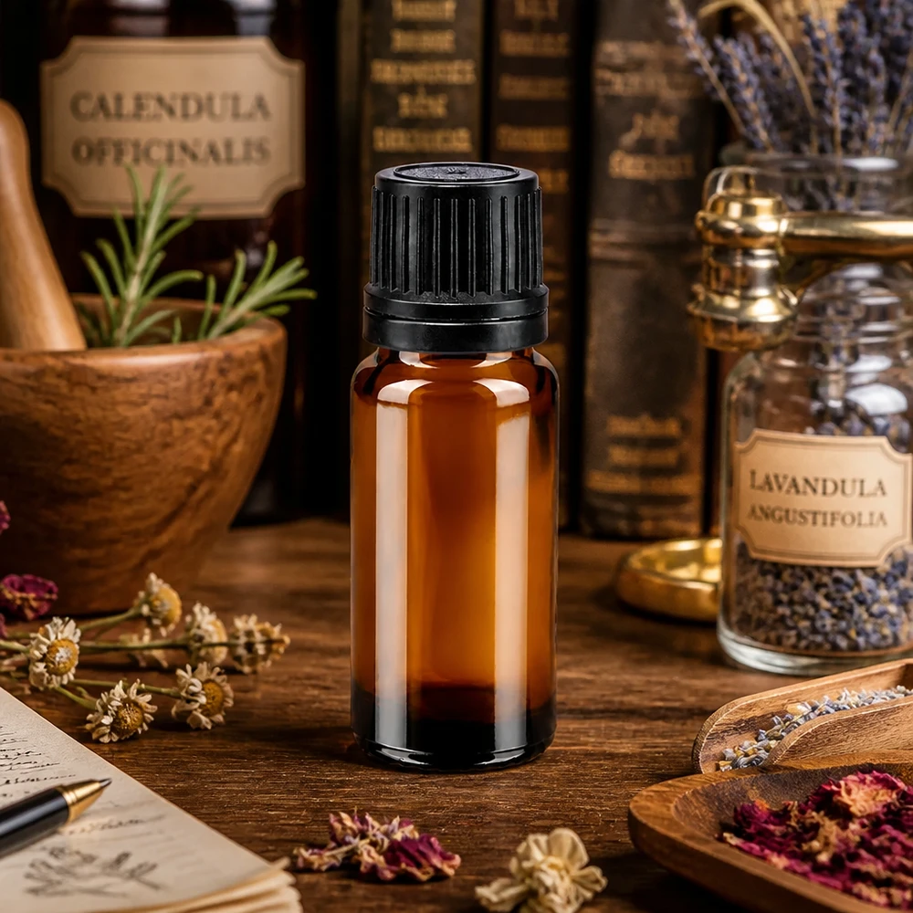 Flacon en verre ambré de 10 ml avec compte-gouttes de 1 mm et bouchon de sécurité noir pour enfants, destiné aux huiles essentielles