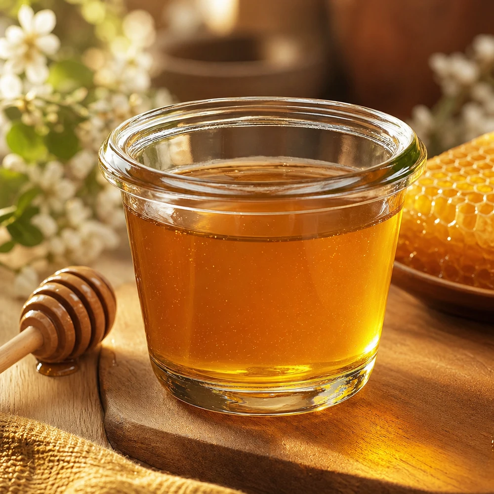 Pot gourmet WECK RR60 de 80 ml rempli de miel jaune doré à côté d'un nid d'abeille et d'une cuillère à miel sur une planche en bois