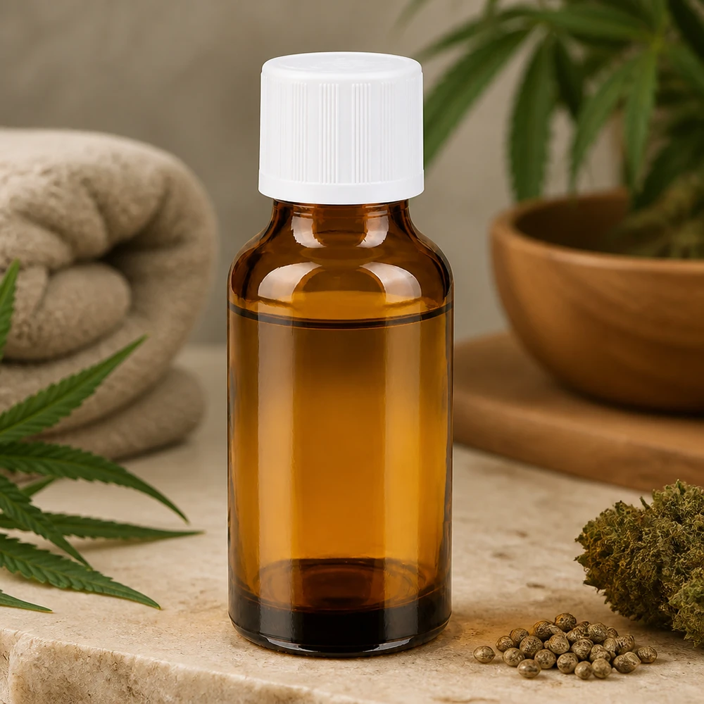 Flacon pharm. brun 20ml, bouchon blanc, sécu. enfant std. Petit flacon compte-gouttes de 20 ml en verre ambré, de type pharmacien, contenant de l'huile de CBD et des fleurs de cannabis