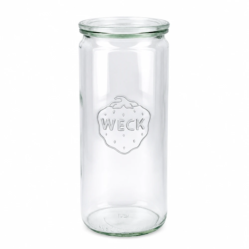 WECK Pot cylindrique 1040ml avec couvercle en verre RR80 Pot de conservation transparent vide sur fond blanc