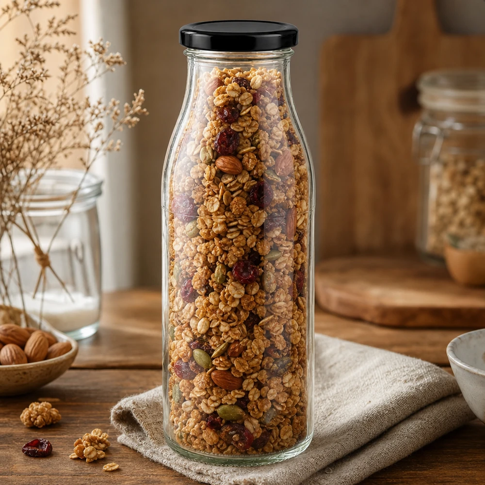 500ml Bouteille avec couvercle BasicSeal noir UNiTWIST 500ml Glasflasche mit schwarzem Deckel gefüllt mit Müsli und Nüssen auf Holztisch rustikale Küchendeko