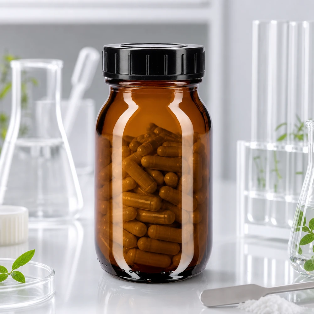 Bouteille en verre à col large de 100ml en marron avec une large ouverture pour un remplissage facile