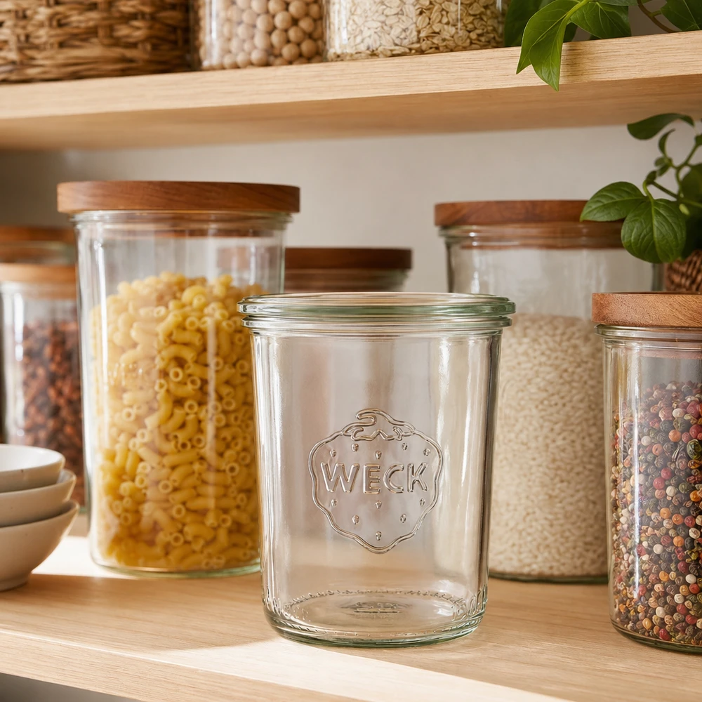 WECK Pot renversé 160ml RR60 vide dans Pantry avec bocaux remplis pour la conservation des aliments
